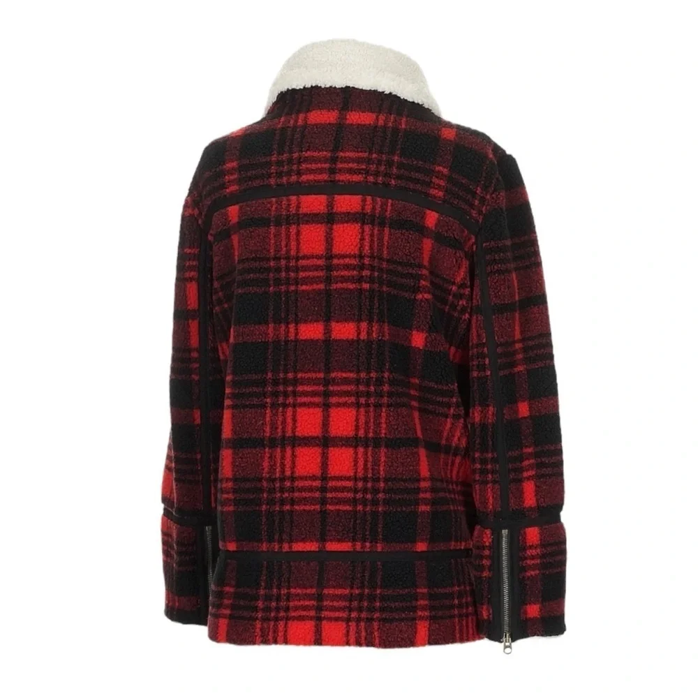 Faherty Montana Moto Coat Red Black Holly Plaid Sherpa Collar Jacket XS NWT $278